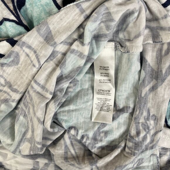 Chicos EasyWear Blouse Womens XL 3 Blue Gray Floral 3/4 Sleeve Knit Top Stretch - Picture 9 of 9